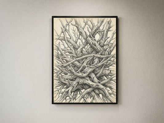 Interlocking Driftwood Root Nest Pen & Ink Art Print