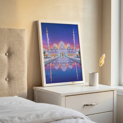 Sheikh Zayed Grand Mosque Symmetrical Night Reflection Art Print