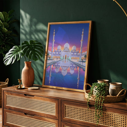 Sheikh Zayed Grand Mosque Symmetrical Night Reflection Art Print