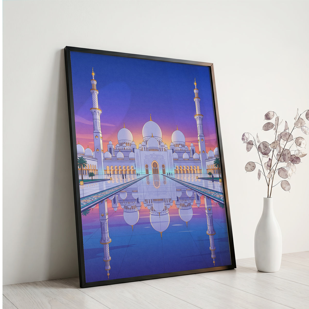 Sheikh Zayed Grand Mosque Symmetrical Night Reflection Art Print