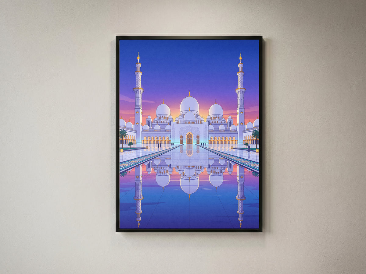 Sheikh Zayed Grand Mosque Symmetrical Night Reflection Art Print