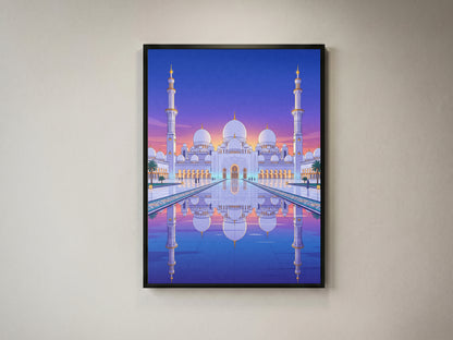 Sheikh Zayed Grand Mosque Symmetrical Night Reflection Art Print