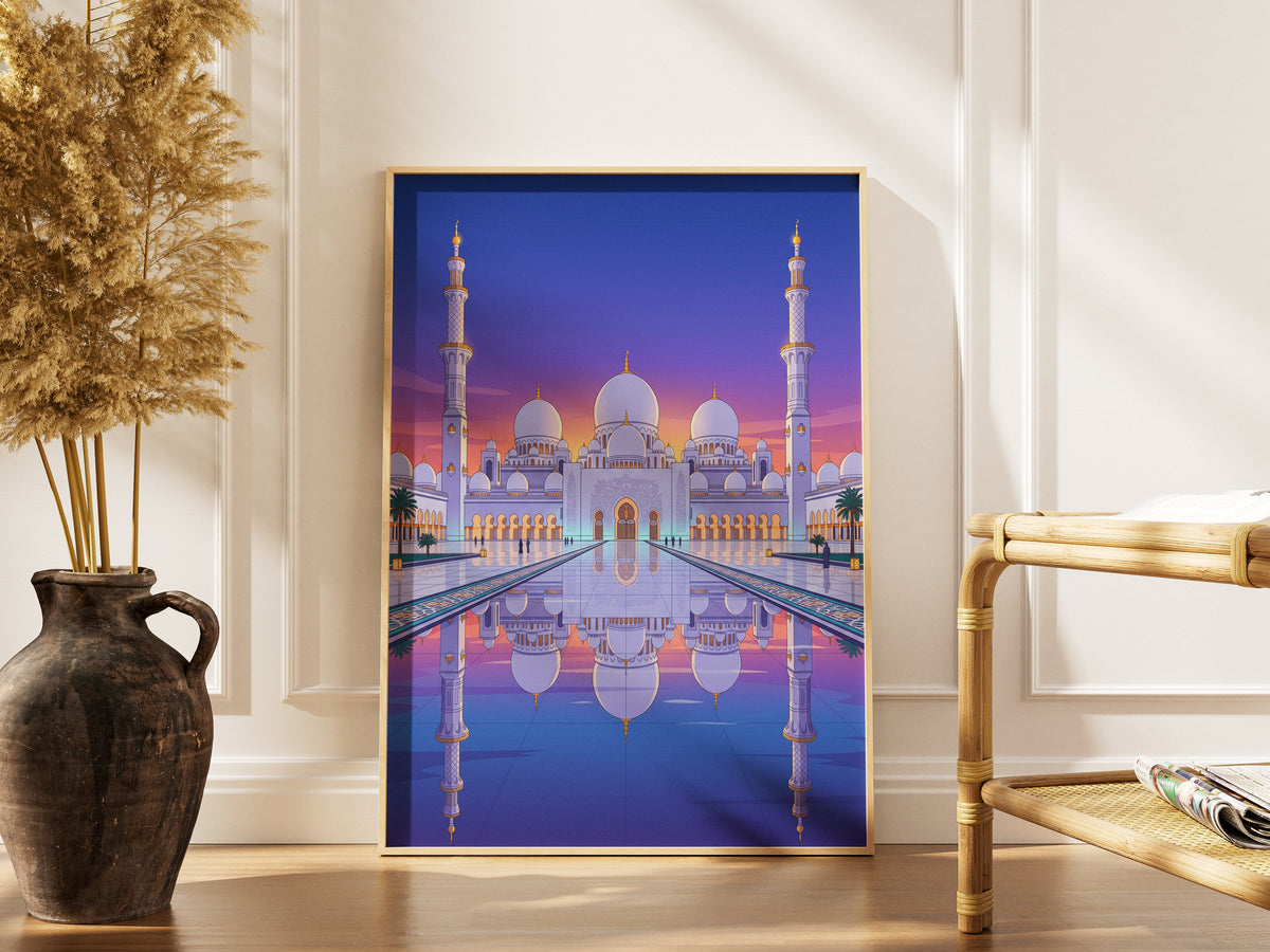 Sheikh Zayed Grand Mosque Symmetrical Night Reflection Art Print