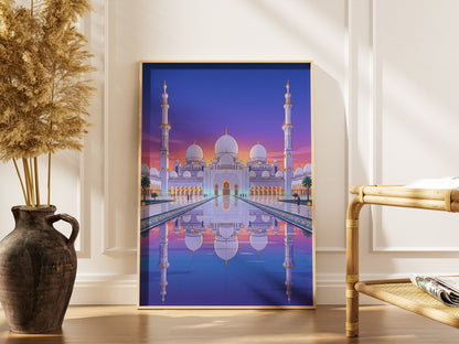 Sheikh Zayed Grand Mosque Symmetrical Night Reflection Art Print