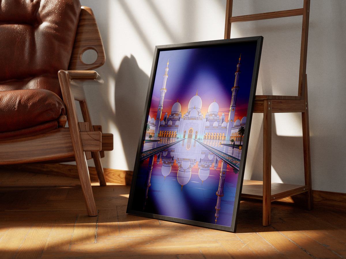 Sheikh Zayed Grand Mosque Symmetrical Night Reflection Art Print
