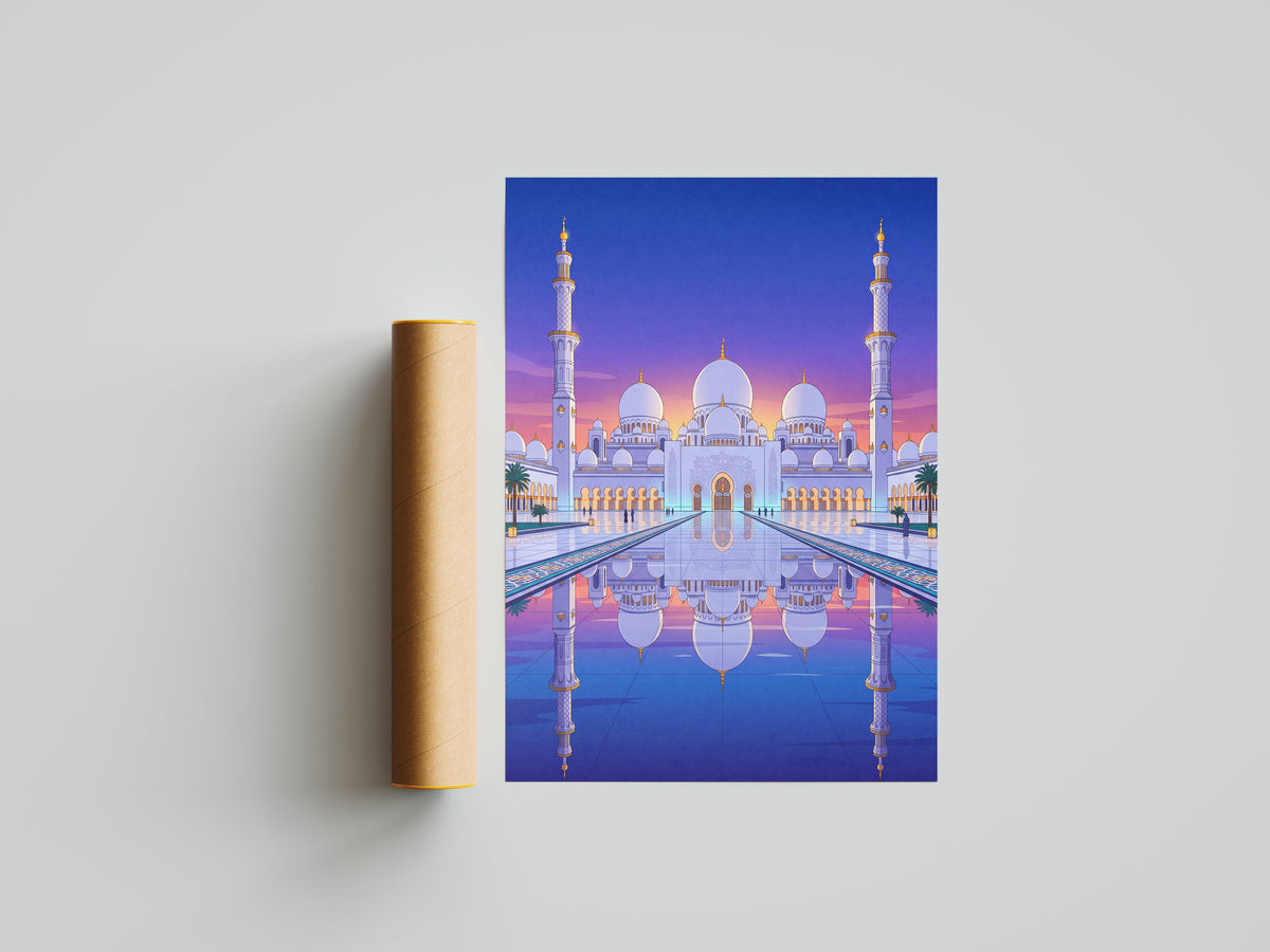 Sheikh Zayed Grand Mosque Symmetrical Night Reflection Art Print