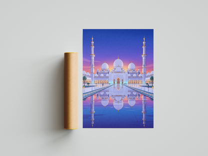 Sheikh Zayed Grand Mosque Symmetrical Night Reflection Art Print