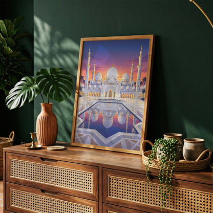 Sheikh Zayed Grand Mosque Sunset Panorama Art Print