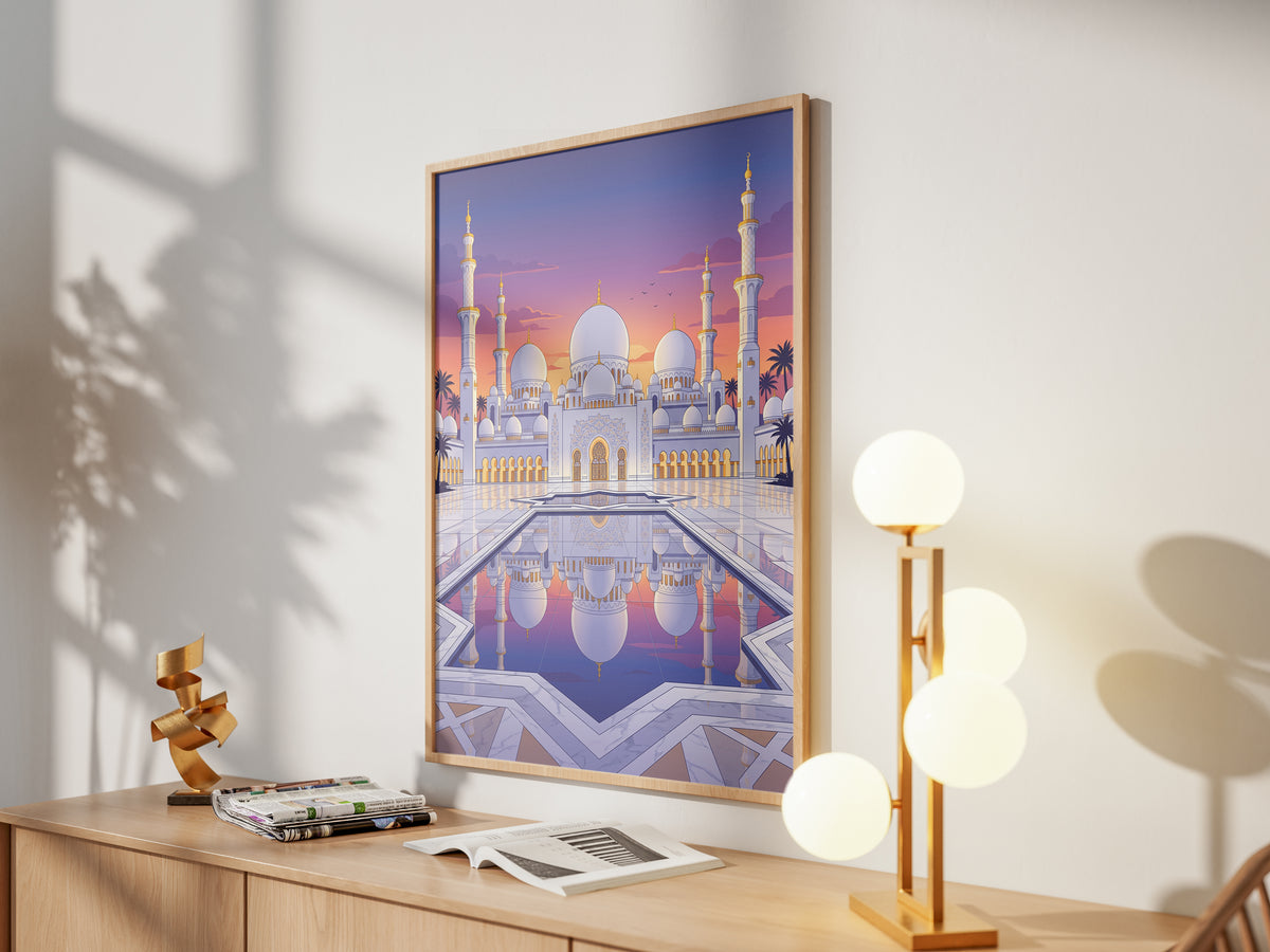 Sheikh Zayed Grand Mosque Sunset Panorama Art Print
