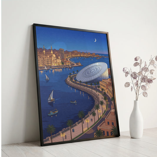 Alexandria Egypt Crescent Coastline & Library Print