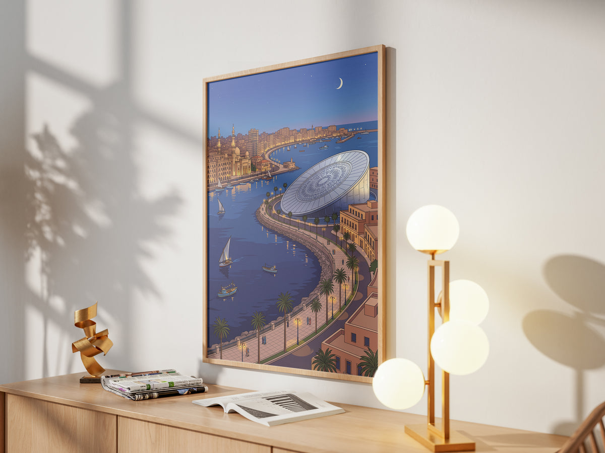 Alexandria Egypt Crescent Coastline & Library Print