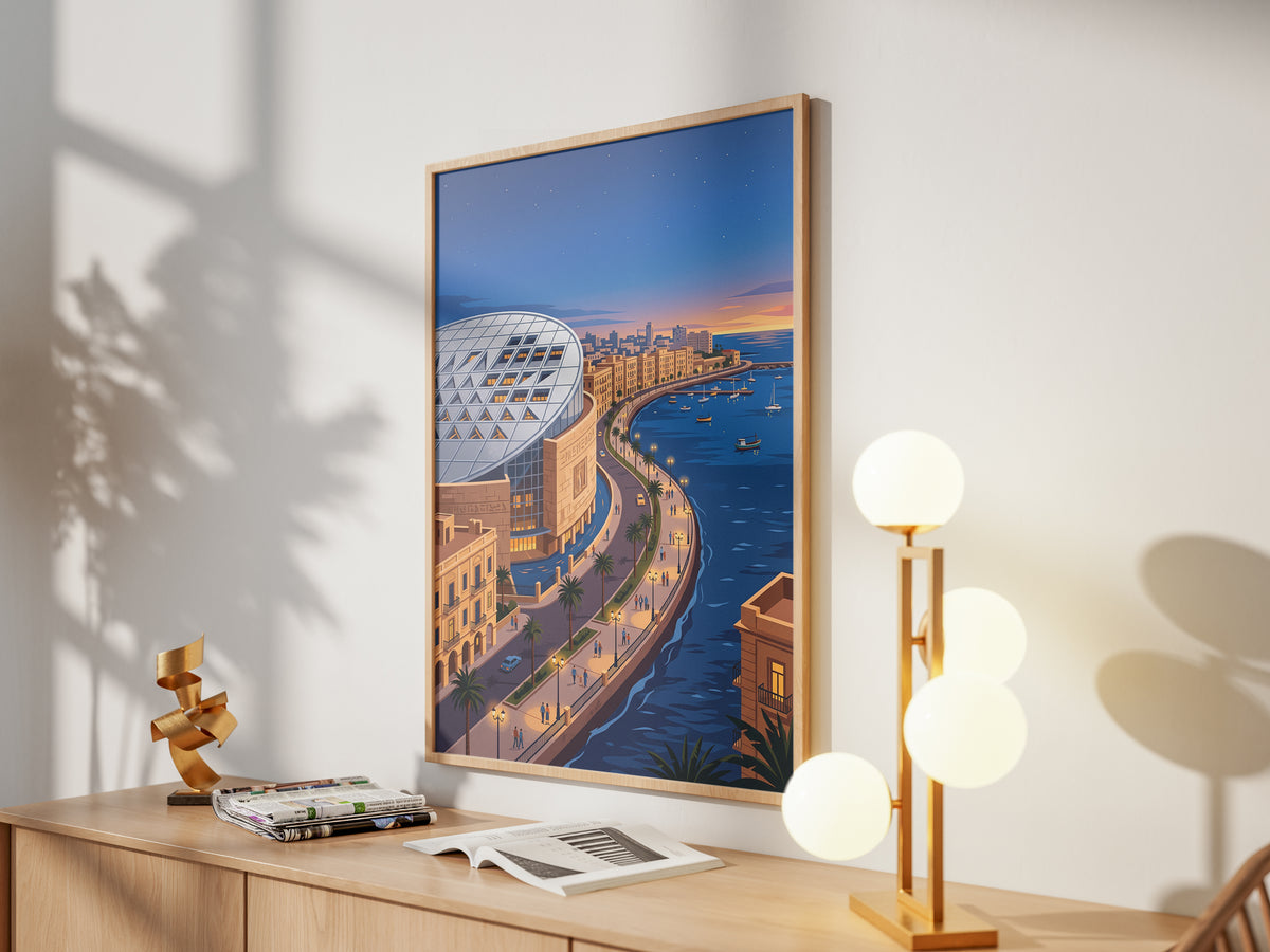 Bibliotheca Alexandrina Egyptian Waterfront Art Print, Modern Architecture & Sunset Horizon, Egypt Poster