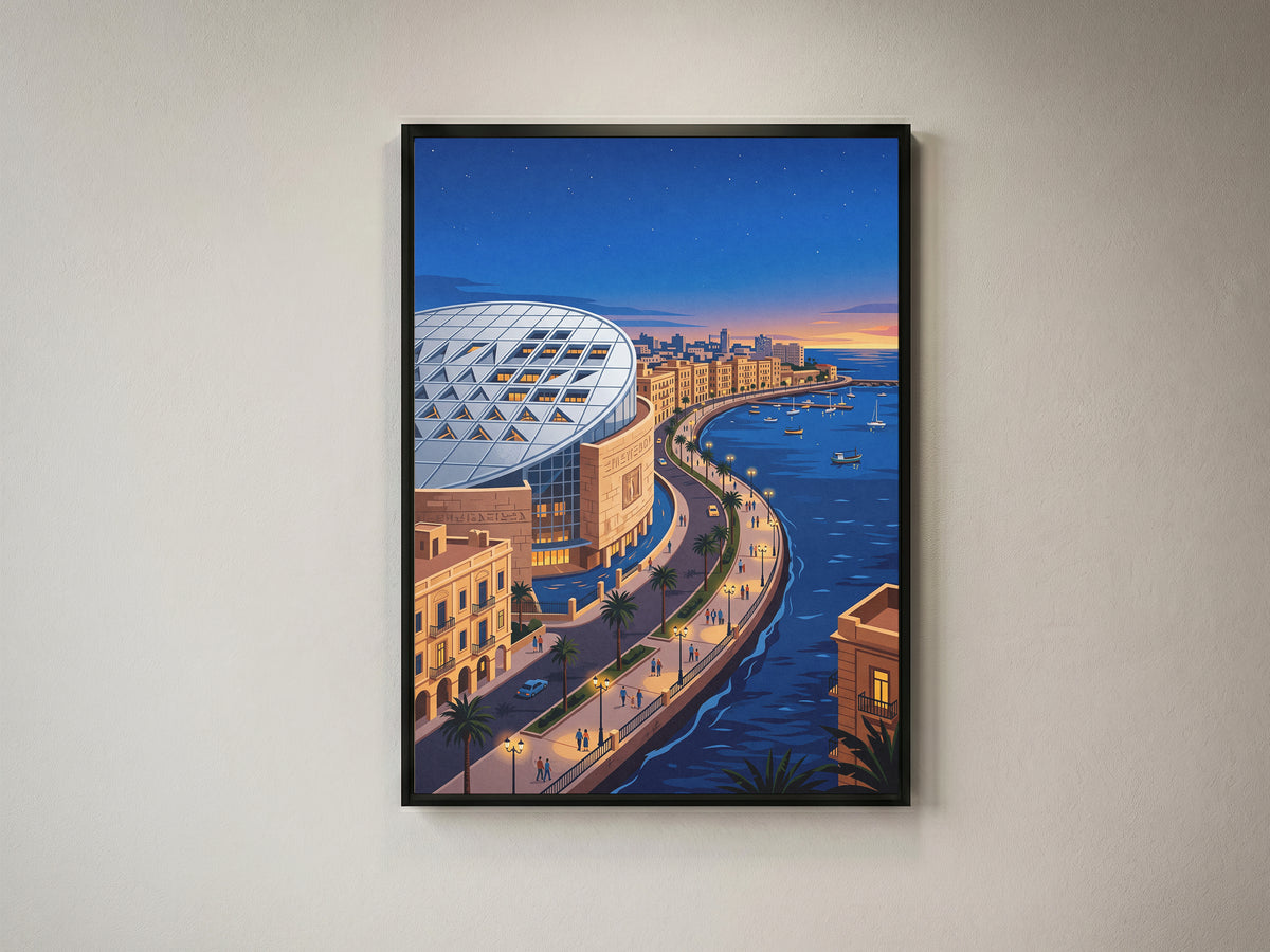 Bibliotheca Alexandrina Egyptian Waterfront Art Print, Modern Architecture & Sunset Horizon, Egypt Poster