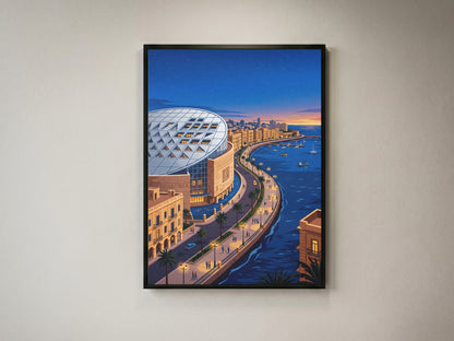Bibliotheca Alexandrina Egyptian Waterfront Art Print, Modern Architecture & Sunset Horizon, Egypt Poster