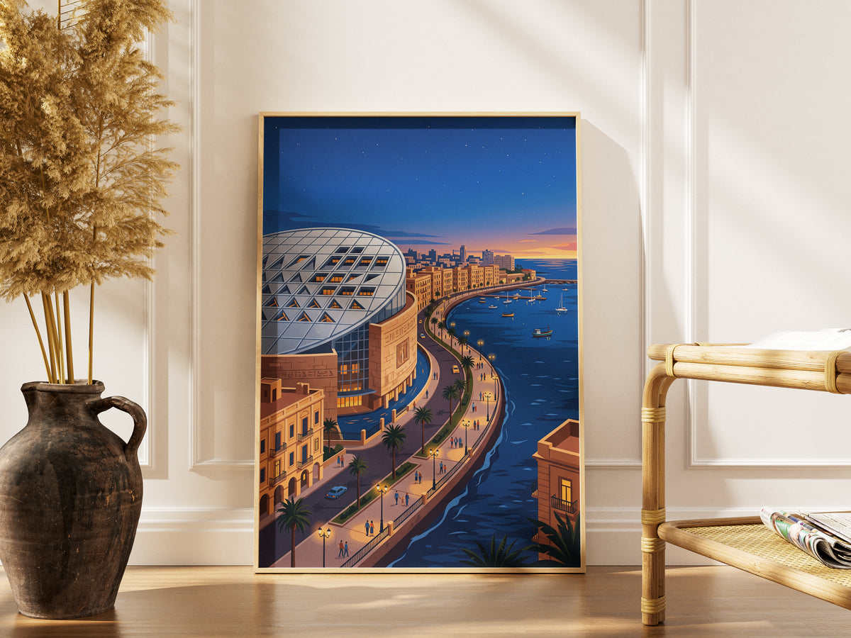 Bibliotheca Alexandrina Egyptian Waterfront Art Print, Modern Architecture & Sunset Horizon, Egypt Poster