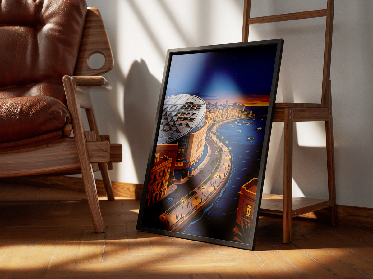 Bibliotheca Alexandrina Egyptian Waterfront Art Print, Modern Architecture & Sunset Horizon, Egypt Poster