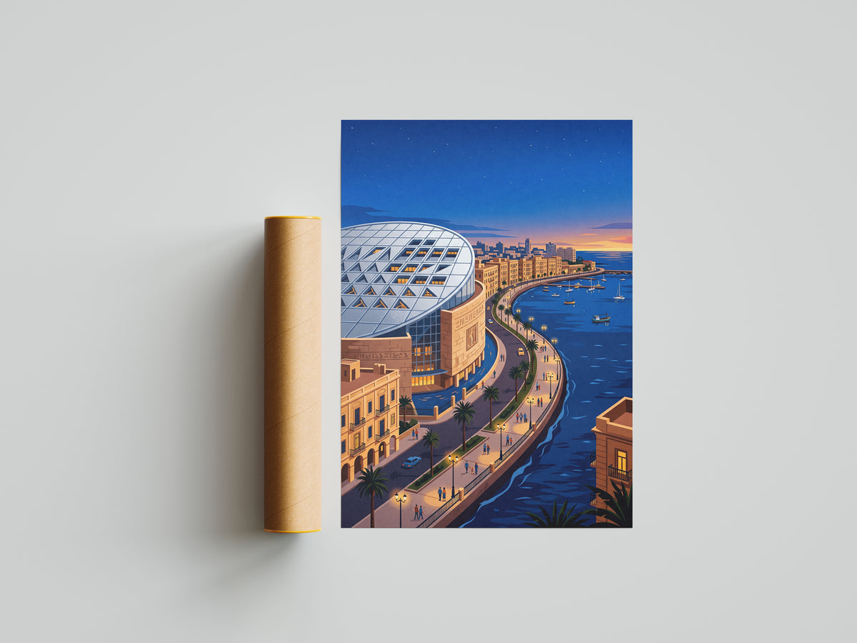 Bibliotheca Alexandrina Egyptian Waterfront Art Print, Modern Architecture & Sunset Horizon, Egypt Poster