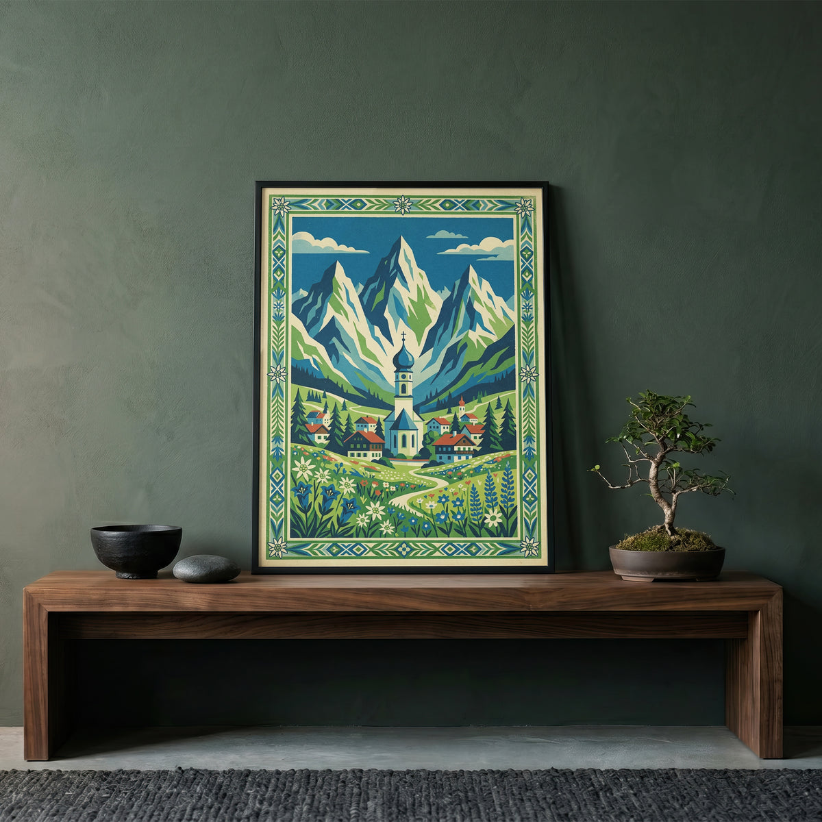 Bavarian Alpine Village & Wildflower Meadow Art Print