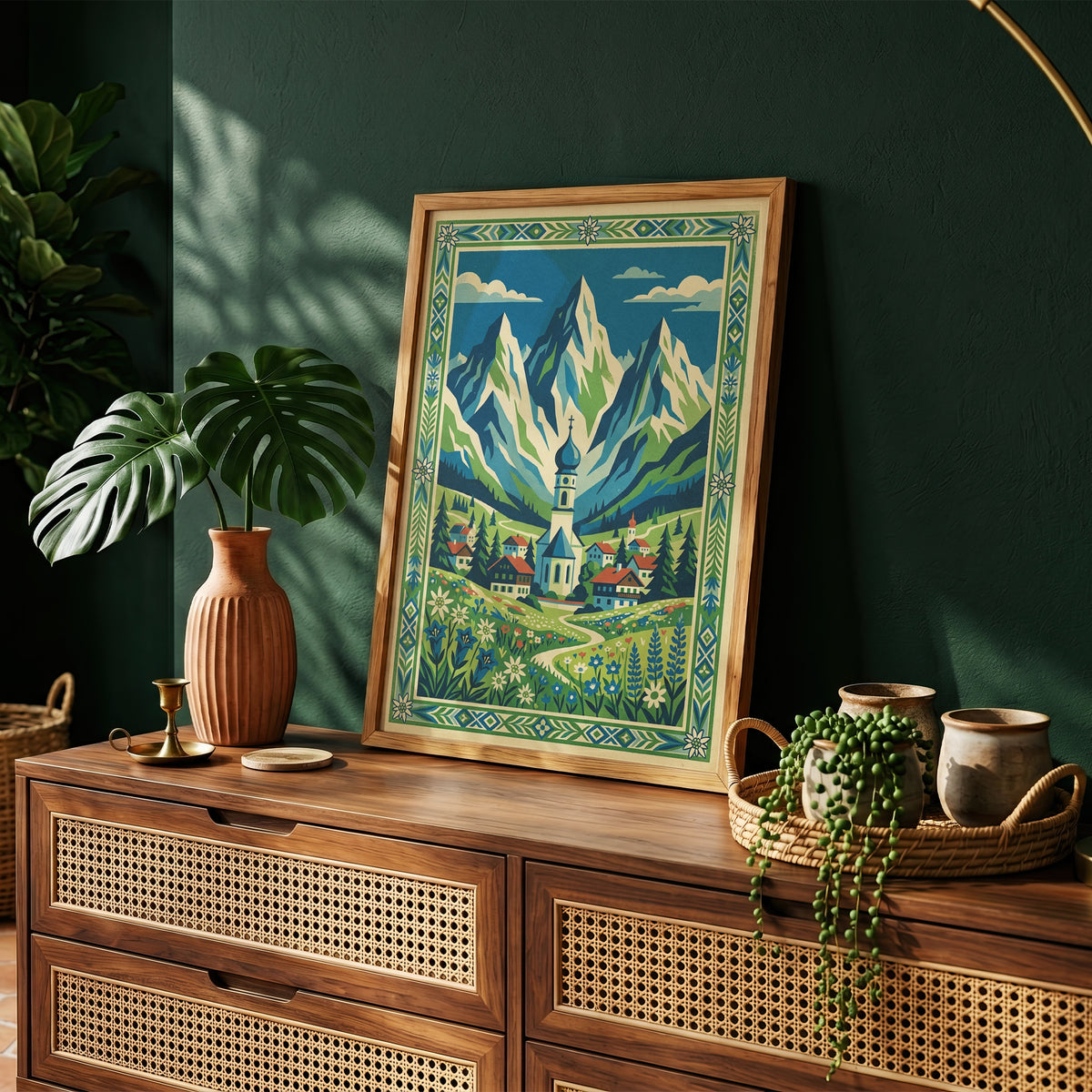 Bavarian Alpine Village & Wildflower Meadow Art Print