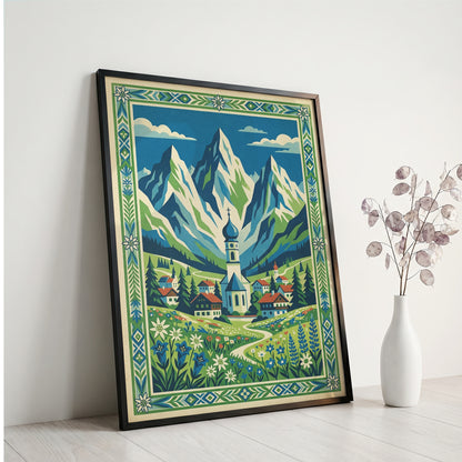 Bavarian Alpine Village & Wildflower Meadow Art Print