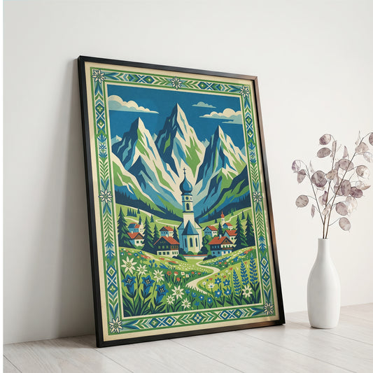 Bavarian Alpine Village & Wildflower Meadow Art Print