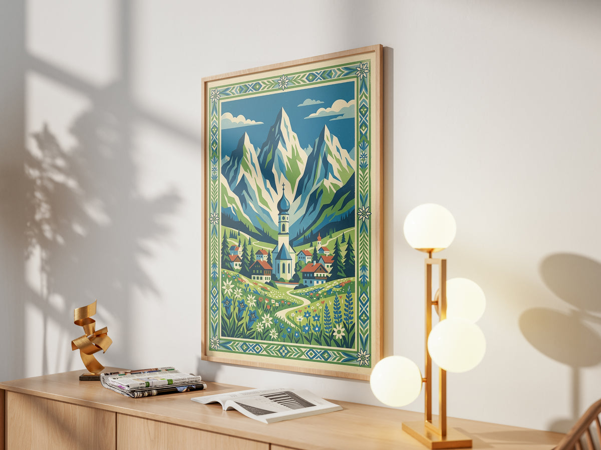 Bavarian Alpine Village & Wildflower Meadow Art Print