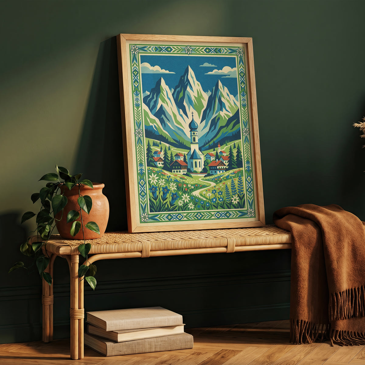 Bavarian Alpine Village & Wildflower Meadow Art Print