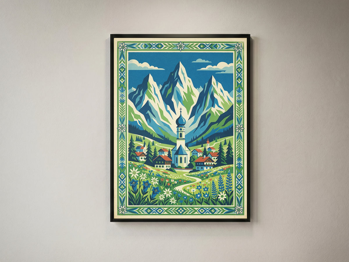 Bavarian Alpine Village & Wildflower Meadow Art Print