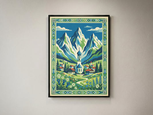 Bavarian Alpine Village & Wildflower Meadow Art Print