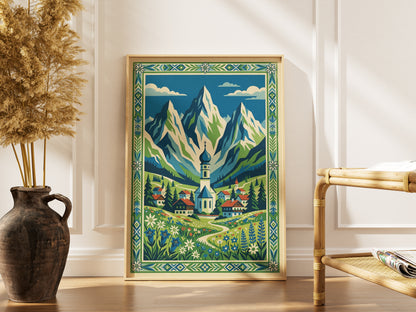 Bavarian Alpine Village & Wildflower Meadow Art Print