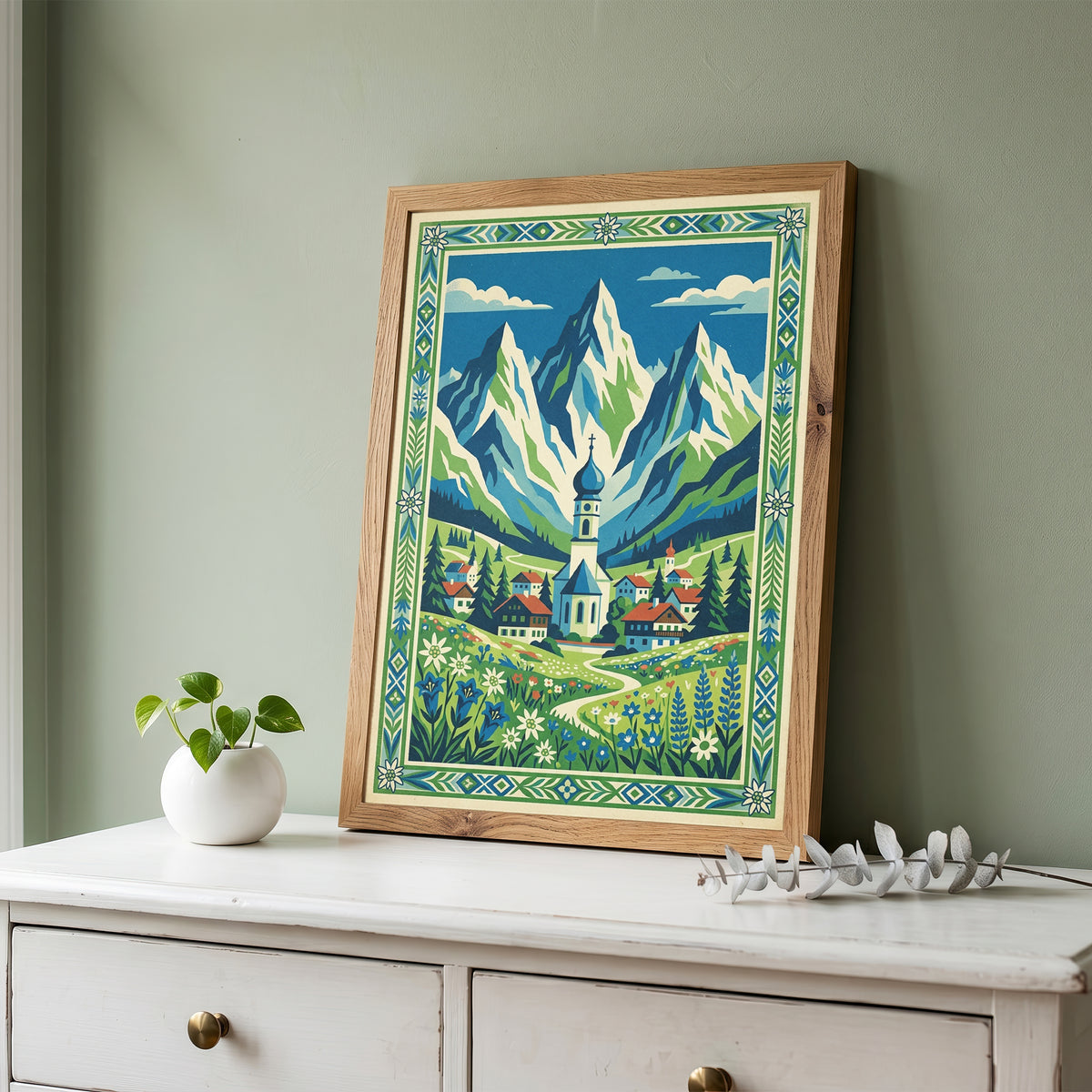 Bavarian Alpine Village & Wildflower Meadow Art Print