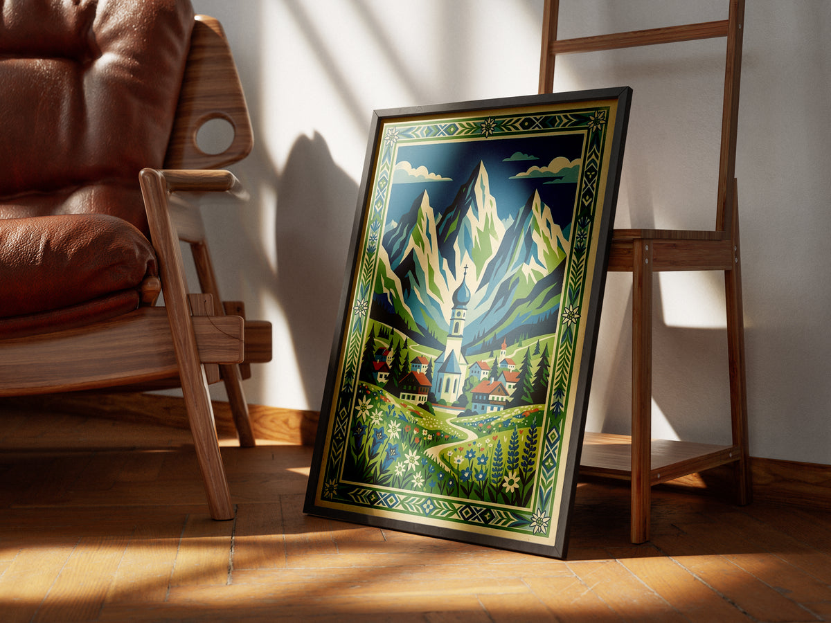 Bavarian Alpine Village & Wildflower Meadow Art Print