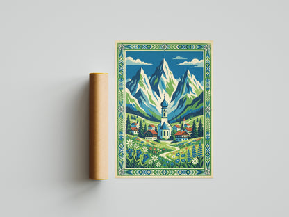 Bavarian Alpine Village & Wildflower Meadow Art Print