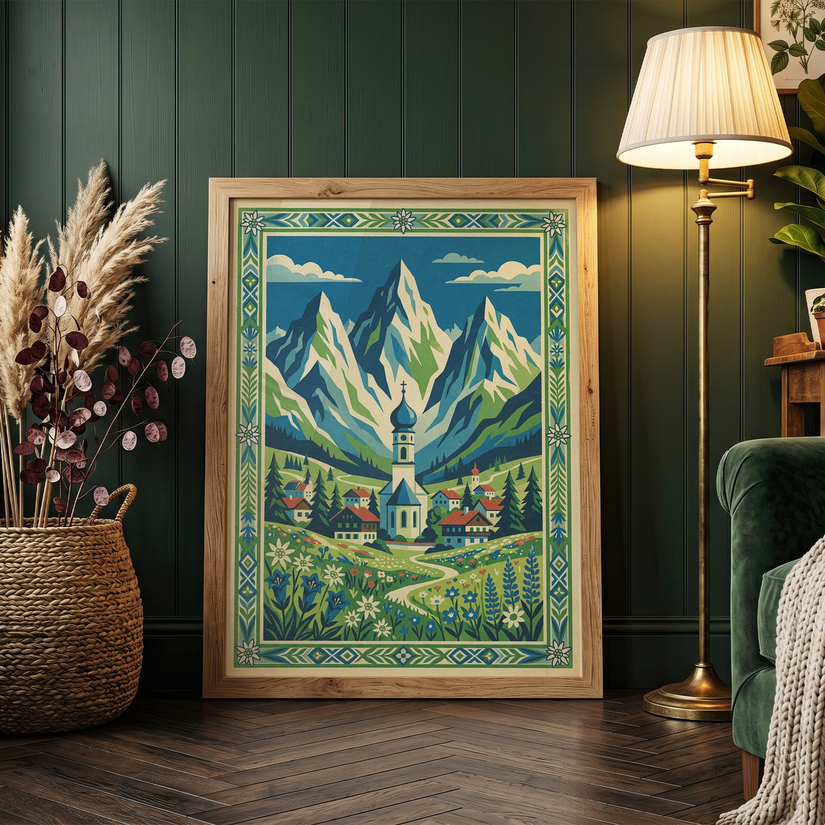 Bavarian Alpine Village & Wildflower Meadow Art Print