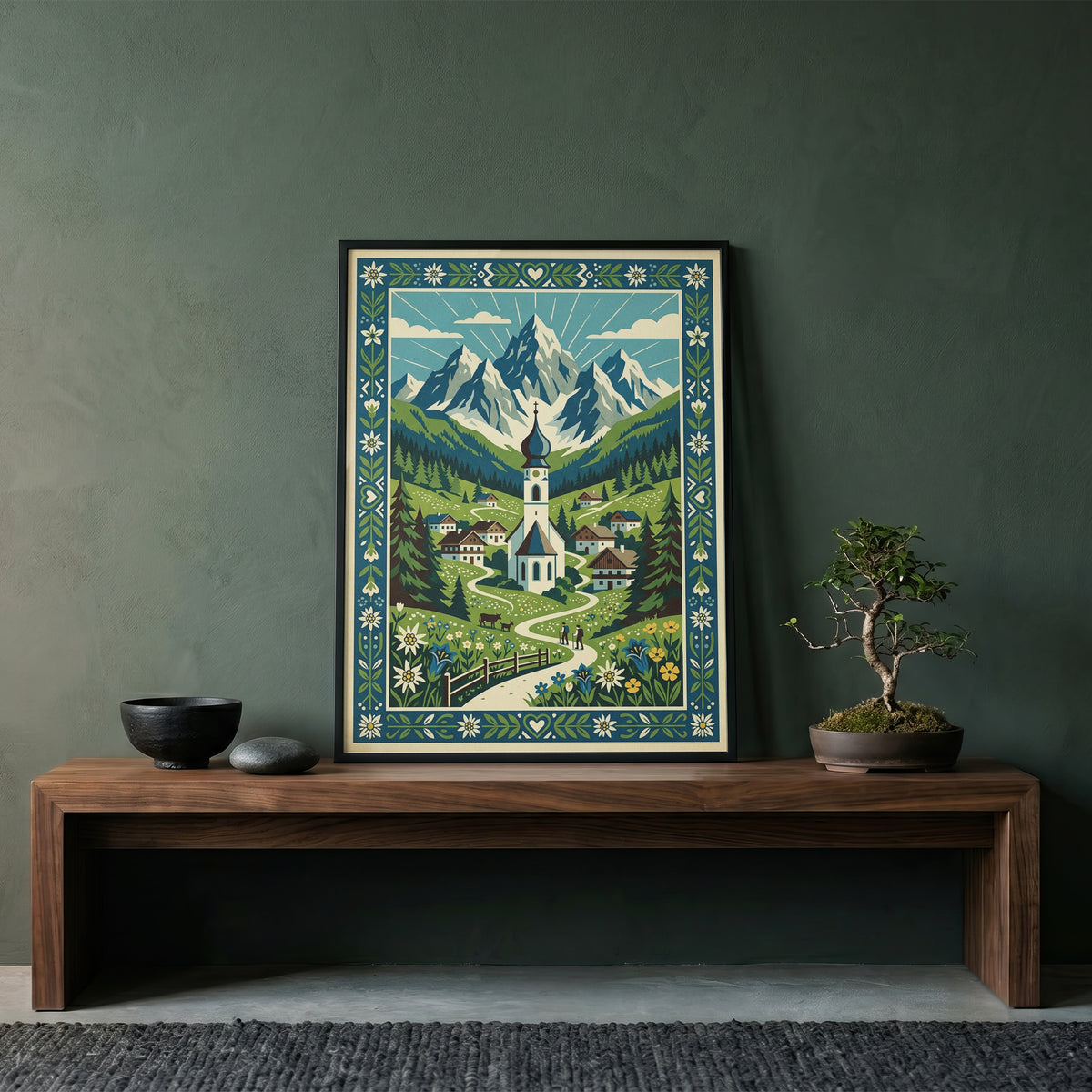 Swiss Alpine Village Trail & Grazing Cows Print