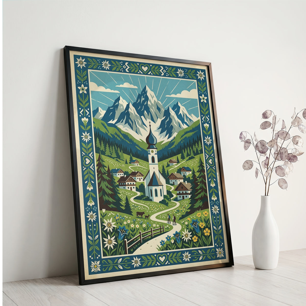 Swiss Alpine Village Trail & Grazing Cows Print