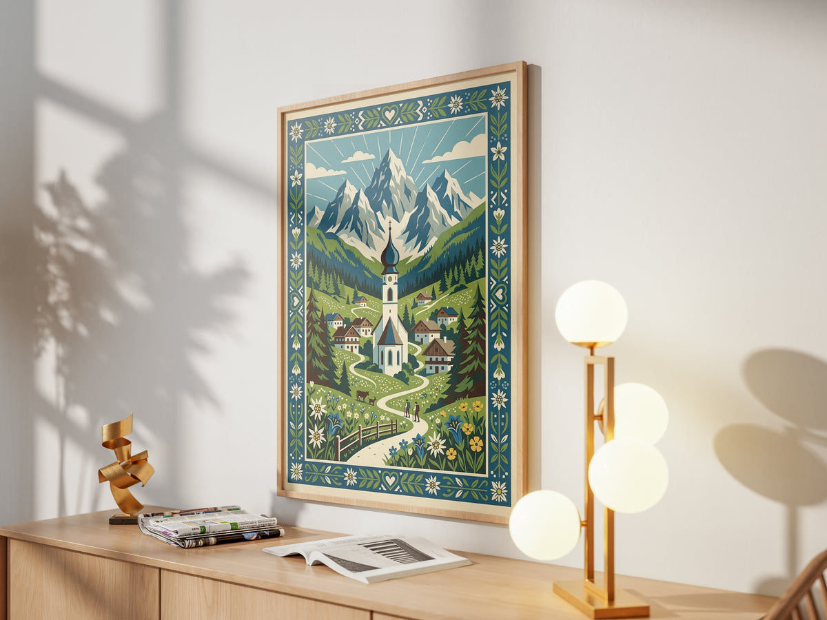 Swiss Alpine Village Trail & Grazing Cows Print