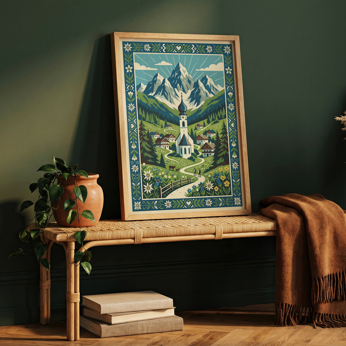 Swiss Alpine Village Trail & Grazing Cows Print