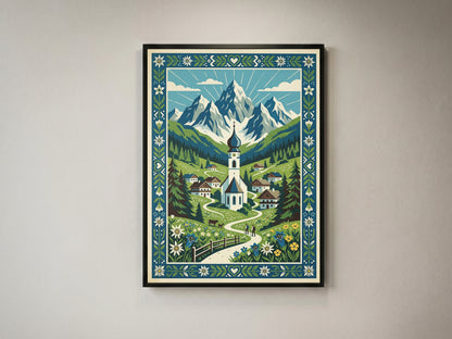 Swiss Alpine Village Trail & Grazing Cows Print