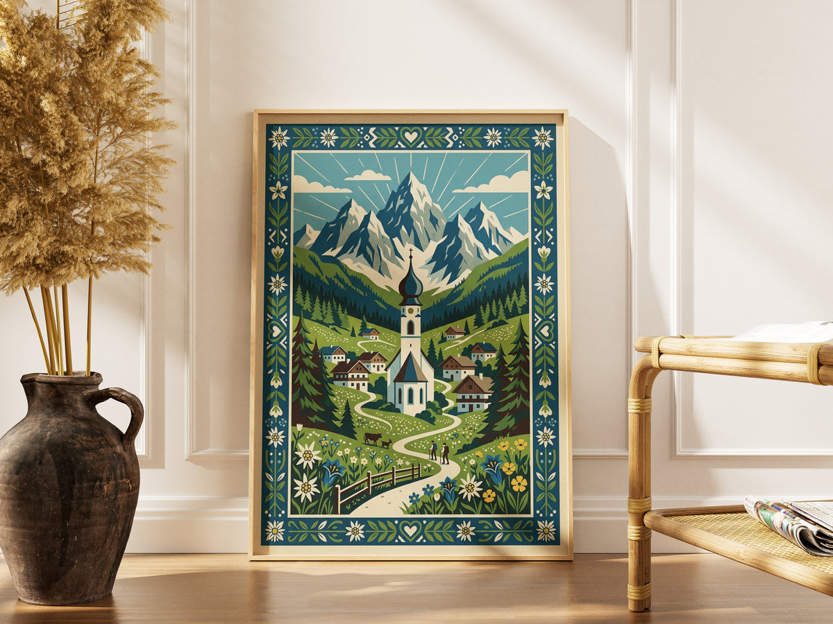 Swiss Alpine Village Trail & Grazing Cows Print