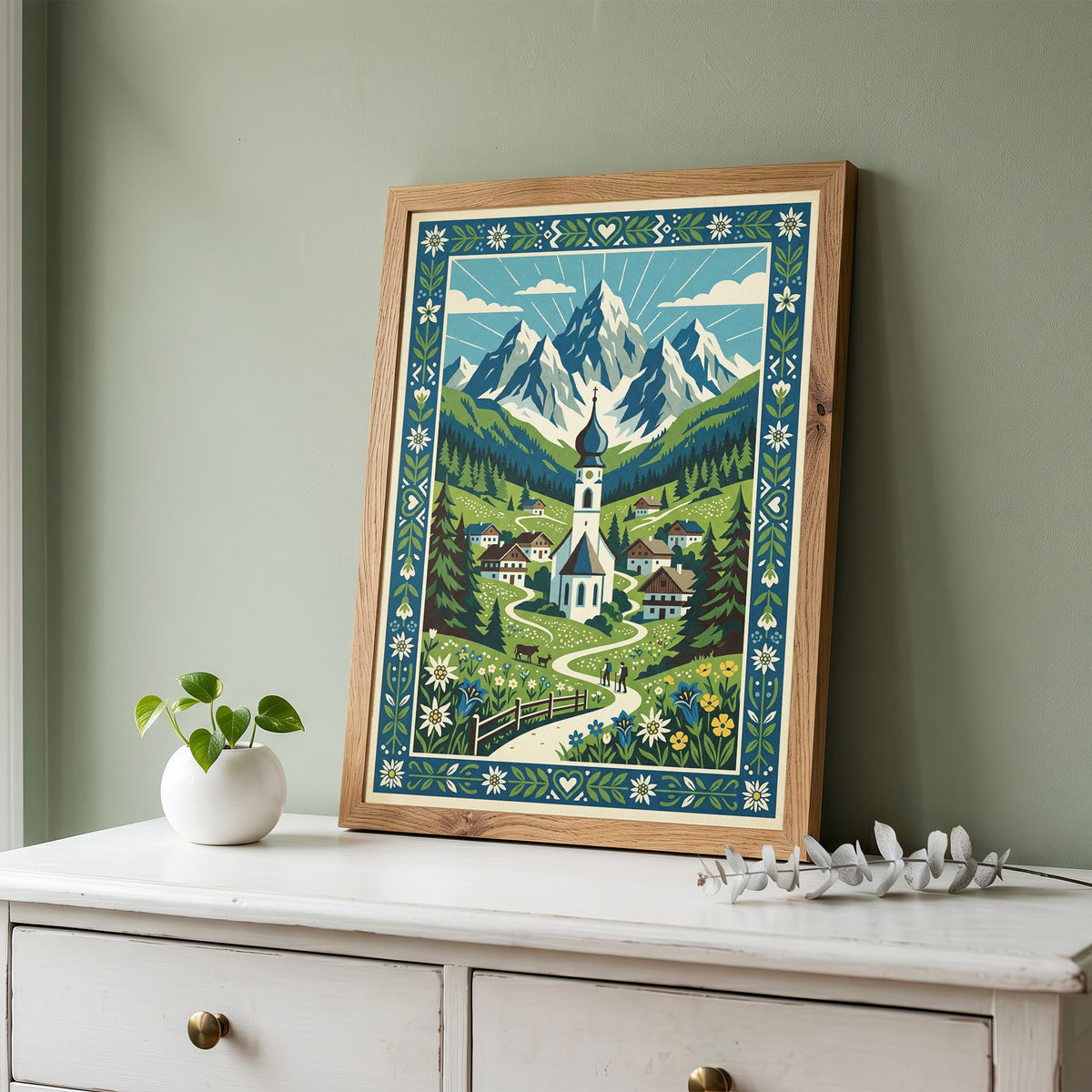 Swiss Alpine Village Trail & Grazing Cows Print