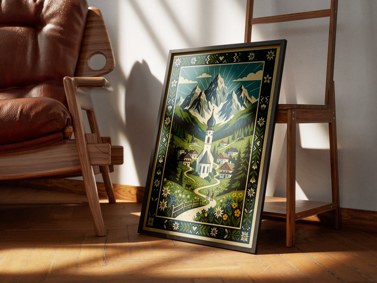 Swiss Alpine Village Trail & Grazing Cows Print