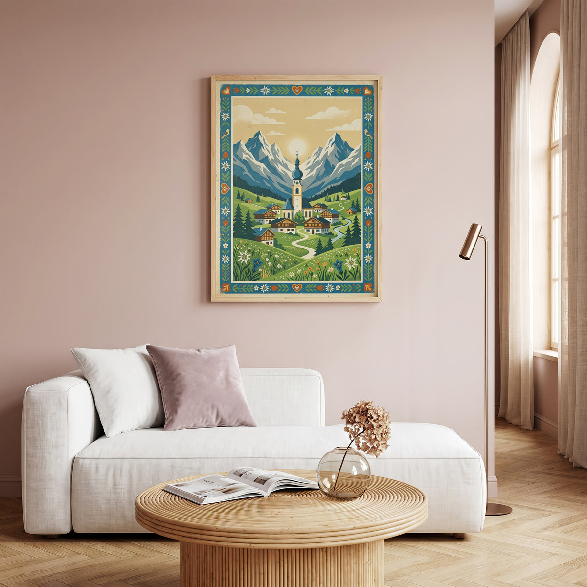 Alpine Mountain Village Sunrise Art Print, Golden Sun Peak