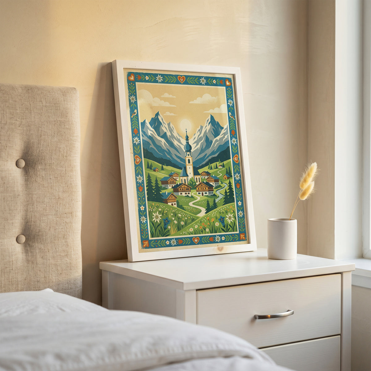 Alpine Mountain Village Sunrise Art Print, Golden Sun Peak