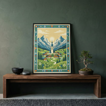 Alpine Mountain Village Sunrise Art Print, Golden Sun Peak
