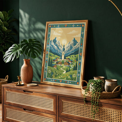 Alpine Mountain Village Sunrise Art Print, Golden Sun Peak