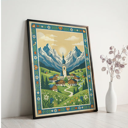 Alpine Mountain Village Sunrise Art Print, Golden Sun Peak