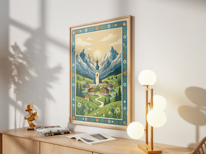 Alpine Mountain Village Sunrise Art Print, Golden Sun Peak