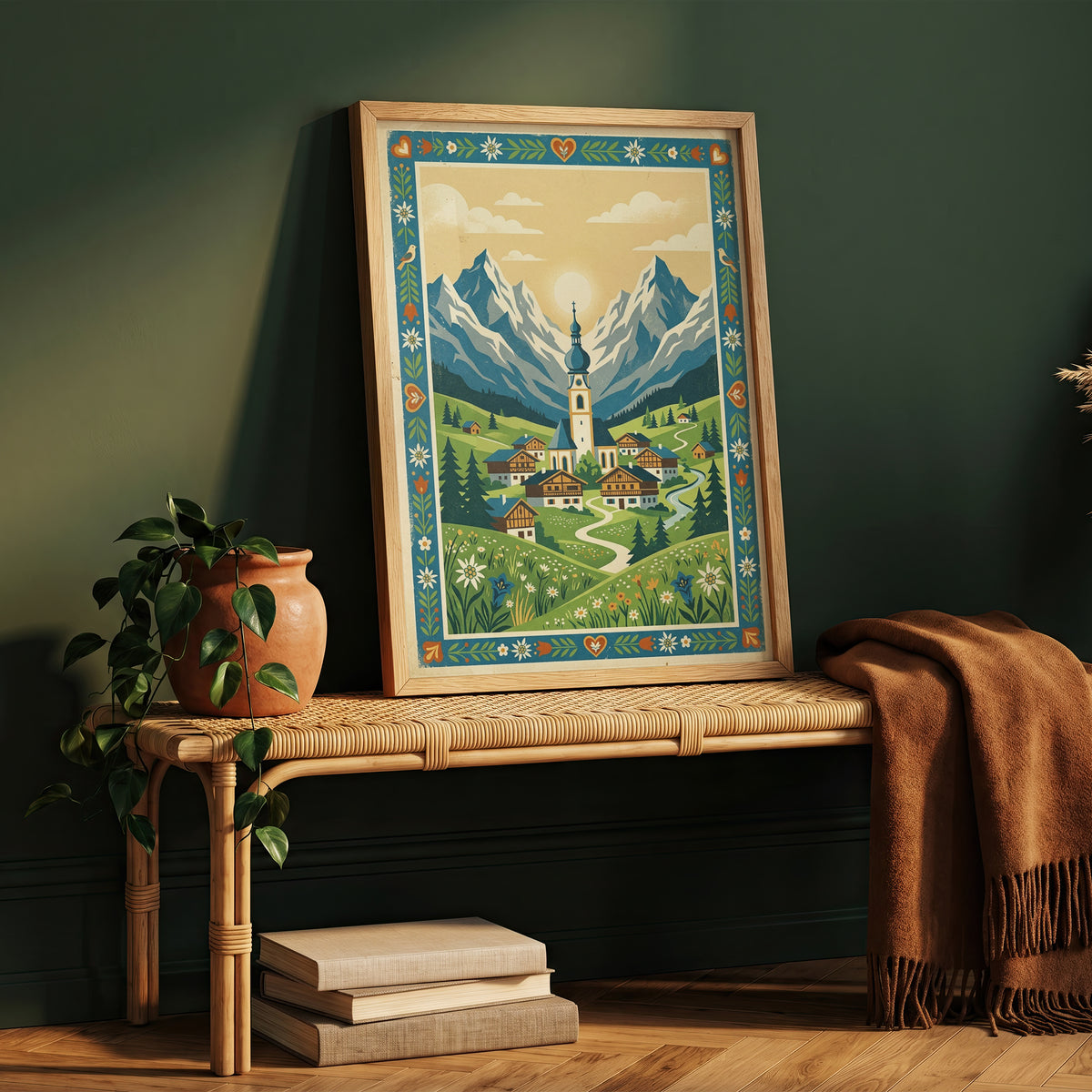Alpine Mountain Village Sunrise Art Print, Golden Sun Peak