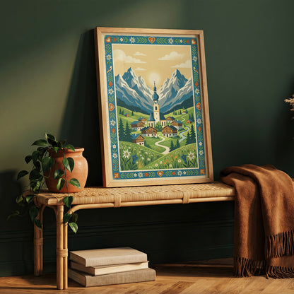 Alpine Mountain Village Sunrise Art Print, Golden Sun Peak